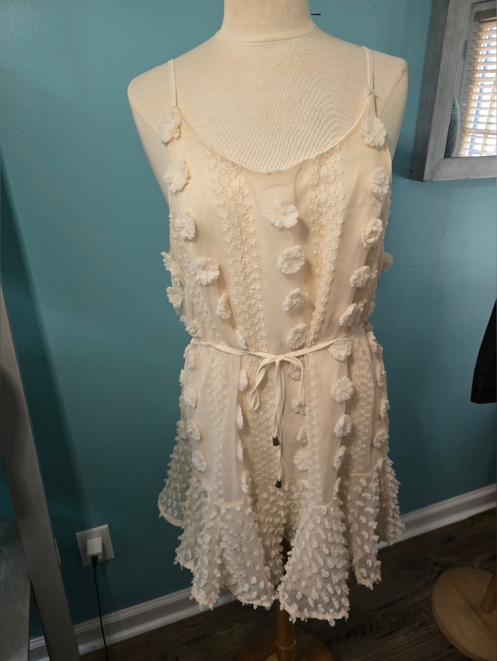 fab'rik Cream Textured Sundress with Pom Details